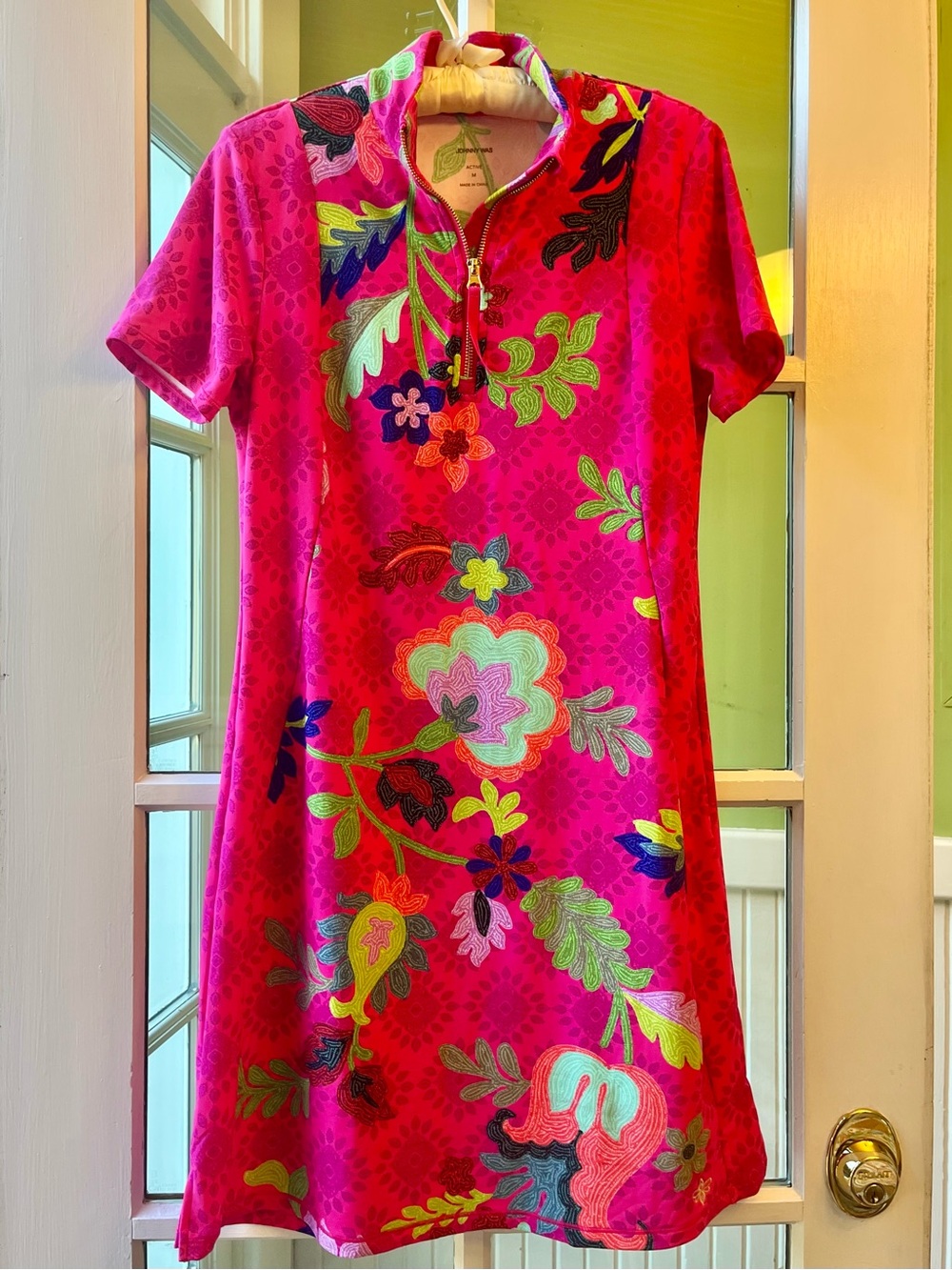 Johnny Was Hot Pink Floral Embroidered Mock-Neck Athletic Activewear Shift Dress - Picture 2 of 7
